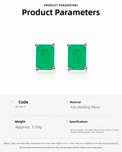 Detailed specs of S925 silver stud earrings featuring 5x7mm emerald green zircon