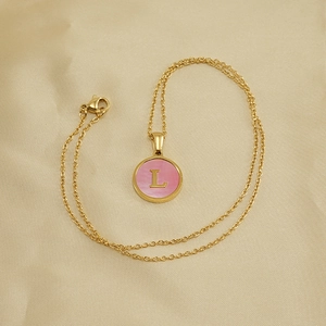 Golden titanium steel necklace with pink shell pendant and gold letter L charm