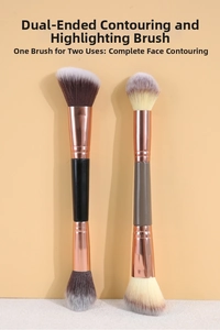 Dual-ended contour and highlighter brush with rose gold ferrule and synthetic bristles