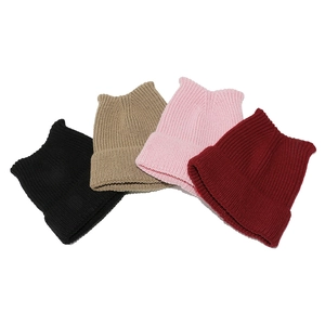 Set of four ribbed knit cat ear beanies in black, khaki, pink and burgundy colors