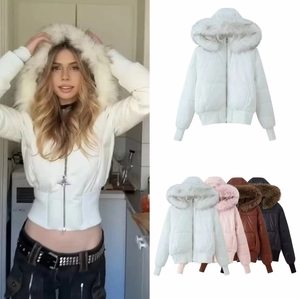 Women Short Hooded Puffer Jacket With Detachable Large Faux Fur Collar Polyester Padded Winter Coat Casual Outwear