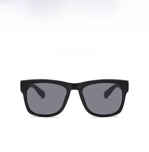 Front view of black frame children's sunglasses with gray lenses for UV protection