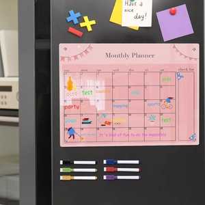 Macro view of magnetic acrylic monthly planner on fridge with six colorful dry erase markers