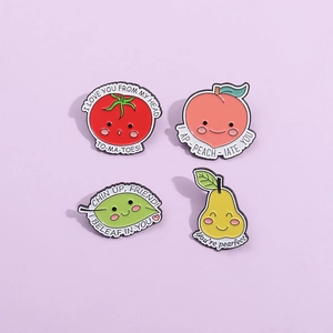 Set of four cute fruit enamel pins with funny puns on a light purple background