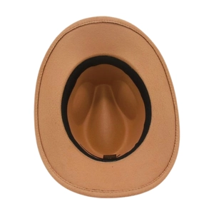 Inside view of camel wool felt fedora featuring black sweatband and size 57 label