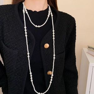 Collana di perle vintage francese da donna, elegante catena lunga per maglione a due strati
