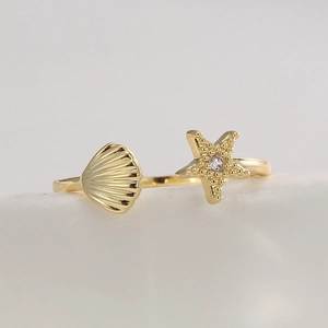Verstellbarer goldener Seestern- und Muschelring mit Zirkon, elegantes Ozean-Design
