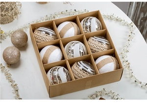 Set of 9 rustic Christmas tree ornaments with lace and linen in a grid craft box