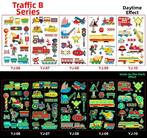 Luminous transport tattoos for kids showing day versus night glow in five vehicle patterns
