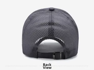 Detail view of the breathable mesh baseball cap back with adjustable metal buckle closure