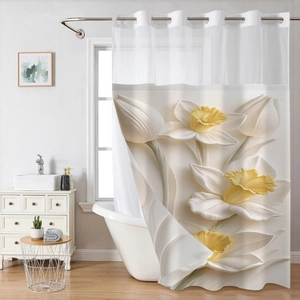 Waterproof shower curtain with 3D floral pattern and mesh top for bathroom decor