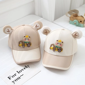 Toddler baseball cap with 3D ears and cartoon bear embroidery in cream and light brown