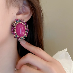 Vintage style oval pink crystal earrings with colorful beads and gold braided border