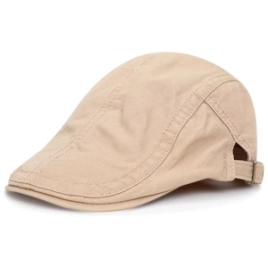 Beige cotton beret flat cap with adjustable buckle shown in a 45-degree side view