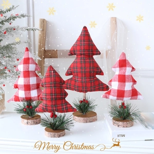 Mini fabric Christmas trees with plaid patterns and wooden bases for desktop decor