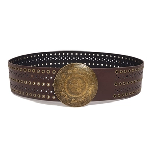 Retro brown PU leather belt featuring a large vintage gold round buckle and hollow eyelets