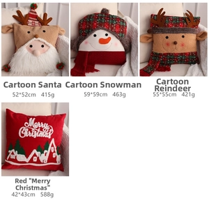 Detailed view of plush Christmas cushions featuring Santa, snowman, reindeer and Merry Christmas embroidery