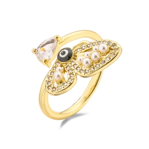 Elegant gold open ring featuring butterfly wings, zircon stones, and evil eye detail