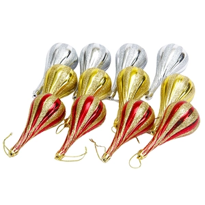 12-pack electroplated teardrop Christmas ornaments in red, gold and silver