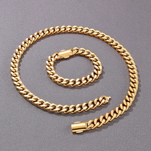 Gold-plated stainless steel Cuban link necklace and bracelet set with box clasp