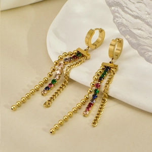 Luxurious gold stainless steel long tassel earrings with colorful rhinestones and beads