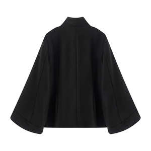 Short black wool blend cape coat with stand collar and back view in a minimalist style