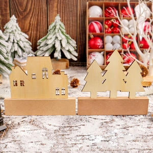 Wooden Christmas house and tree ornaments with stable base for tabletop holiday decor