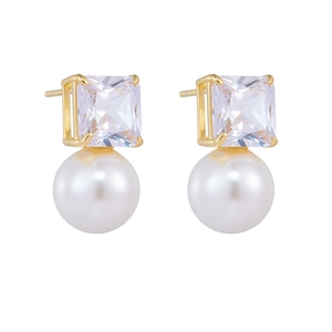 Elegant gold earrings featuring square cubic zirconia and white round pearls on white background