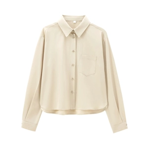 Women Long Sleeve Button Up Shirt Twill Polyester Lapel Collar Single Pocket Curved Hem Casual Office Blouse