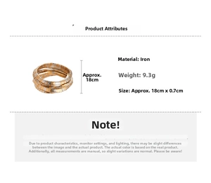 Detail view of multi-layer geometric metal bracelet showing iron material and dimensions