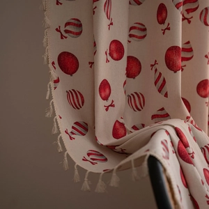 Beige Christmas curtain with red balloon patterns and festive tassels for kitchen windows