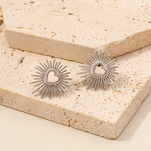 Detailed view of sunburst 304 stainless steel earrings with hollow heart center on stone