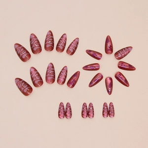 Cat eye press-on nails with red-brown shimmer and purple flame fluid texture, 24 piece set