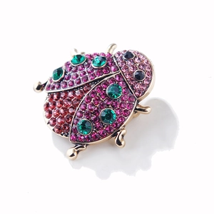 Makroaufnahme der Marienkäfer-Brosche mit rosa und roten Strasssteinen auf Goldlegierung