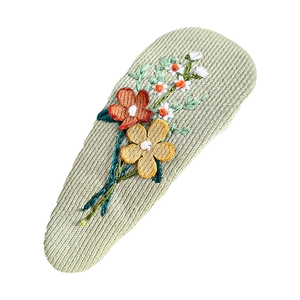 Floral embroidered fabric BB hair clip with 3D colorful flower patterns on green base
