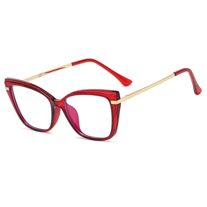 Retro TR90 cat eye blue light blocking glasses with red frames and gold metal temples