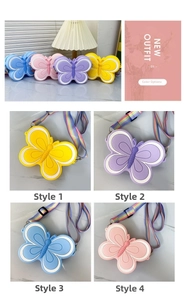 Detail view of silicone butterfly bags in four pastel colors with rainbow shoulder straps
