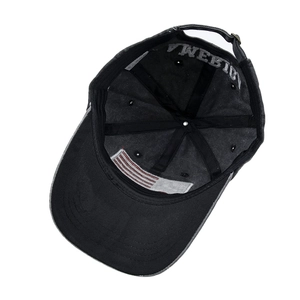 Washed black cotton baseball cap with American embroidery and metal buckle strap
