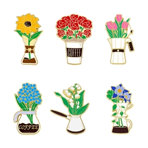 Cute enamel flower coffee cup pins featuring rose tulip sunflower on metal alloy badges