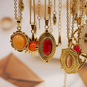 Vintage 18K gold plated necklaces with colorful natural stone pendants on cross chains