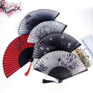 Classic Chinese folding fans with lotus dragonfly patterns and silk tassels set