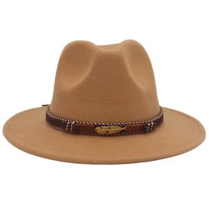 Camel wide brim wool fedora hat with ethnic embroidered band and gold feather charm