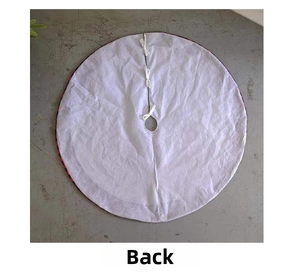 Detailed back view of white Christmas tree skirt with red plaid border and ribbon ties