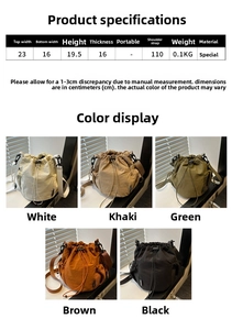 Detailed specs and color options of the nylon drawstring bucket bag with mesh pocket
