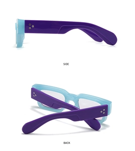Detail view showing side and back of square sunglasses with metal rivet accents