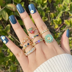 Bohemian gold ring set with cherry, daisy, and heart charms featuring colorful zircon stones