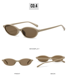 Detail view of khaki oval cat-eye sunglasses with dark brown lenses from multiple angles