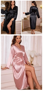 Detailed view of women's long satin robes in black and pink with smooth silk texture