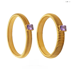 Tubogas Elastic Bangle Gold Plated Stainless Steel With Rectangular Zircon Vintage Elegant Jewelry For Women