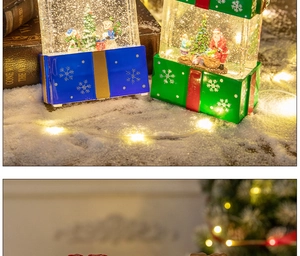 Detailed view of Christmas water lantern with Santa and snowman in gift box shape